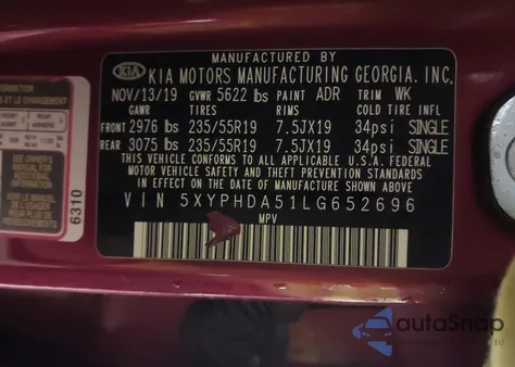 2020 Kia Sorento 3.3L Ex from USA, damaged, VIN 5XYPHDA51LG652696